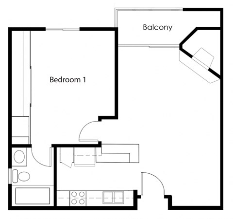 Floor plan for 1 bed, 1 bath, 655 sqft